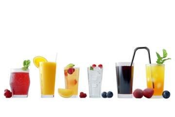 Collection of refreshing drinks with different flavors isolated on transparent background