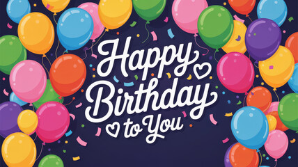 Colorful balloons and confetti surround festive Happy Birthday to You lettering on a dark background.