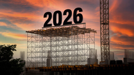 Construction site with 2026 displayed on scaffolding against a dramatic sunset sky.