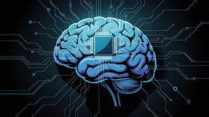 Digital brain with integrated circuit illustrating artificial intelligence and neural network connections.