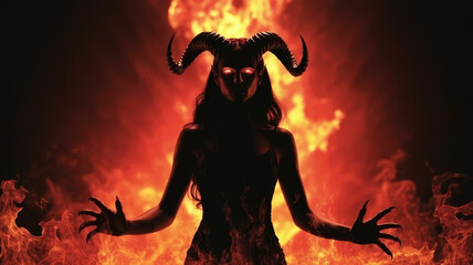 Fiery Demoness with Glowing Eyes and Horns Amidst Flames.