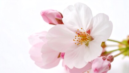 Delicate Pink Cherry Blossom with Golden Stamens on White