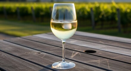 Obraz premium Glass of white wine on wooden table overlooking vineyard. Summer evening in winery. Refreshing drink for wine tasting. Rustic outdoor scene with grapevines.