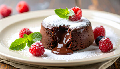 Ultra-realistic close-up of molten chocolate lava cake with dripping sauce on rustic ceramic plate