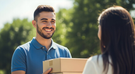 Happy delivery man smiling, handing packages to a customer outdoors on a sunny day, excellent service and fast shipping.