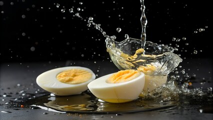 Hard-boiled egg sliced and diving in splash, yolk visible with droplets frozen in lighting on black.