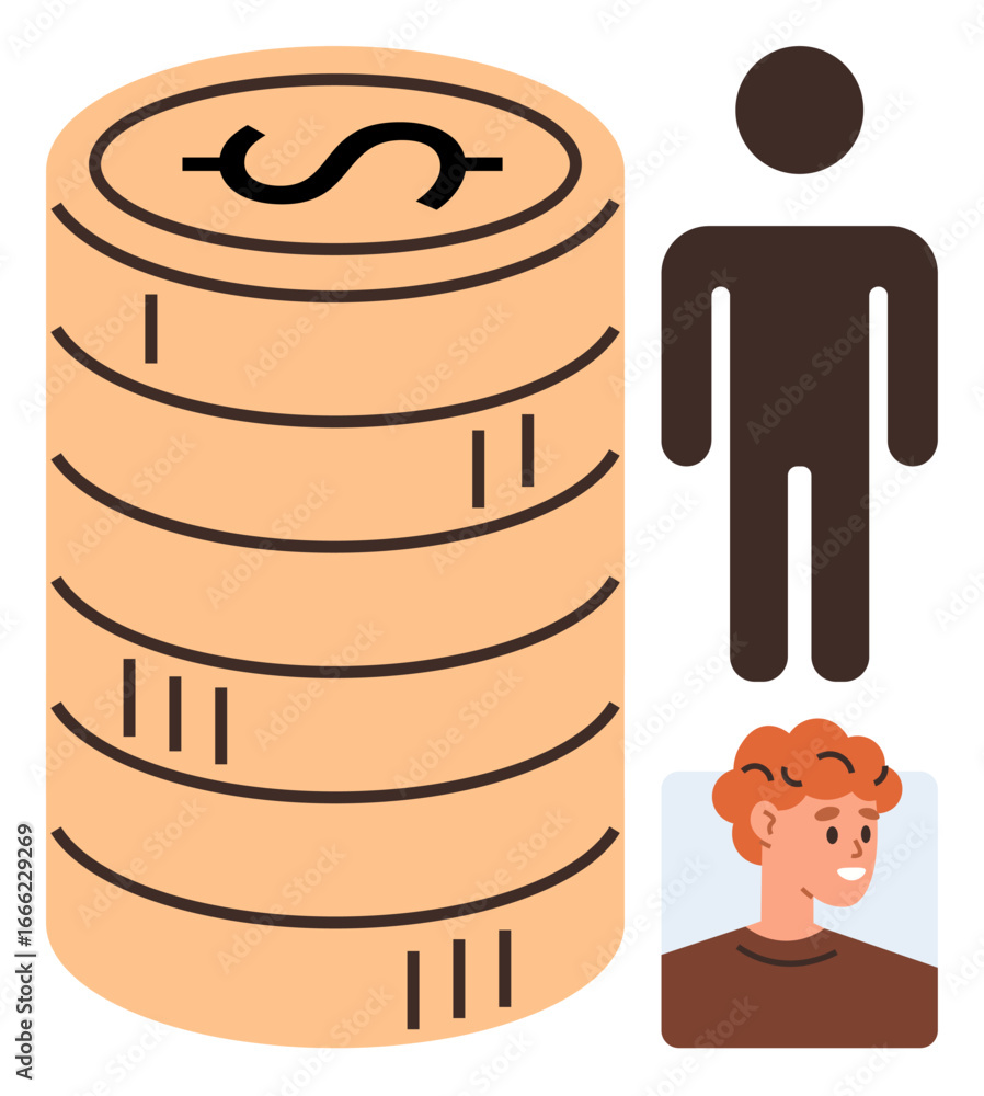 Poster stack of coins with dollar sign next to minimal human figures and smiling face profile. ideal for fi