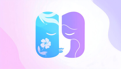 Abstract Design Featuring Two Stylized Faces in Soft Blue and Purple Hues with Floral Elements