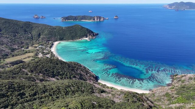 Aerial view of Saneku Beach, Kakeroma, Amami Islands, Kagoshima, Japan. 鹿児島県　奄美群島　加計呂麻島　実久ビーチ　ドローン　空撮　