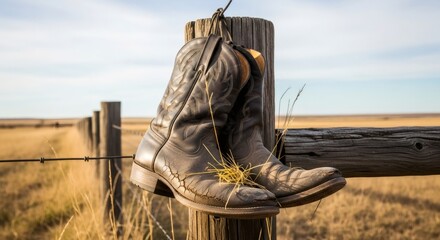 Cowboy boots on wooden fence post in rural prairie landscape. Western ranch lifestyle. Rustic country scene with leather footwear. Americana concept for farming and agriculture
