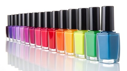 Colorful Nail Polish Varnish Display: Row of Multiple Shade Bottles, Cosmetics, Manicure Accessory, Trendy, Beauty Items, Isolated on White