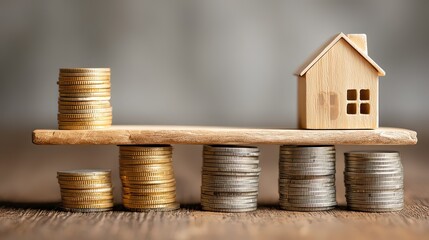 Balance of Housing Investment with Wooden House Model and Stacked Coins on Wooden Surface