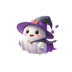 A cute cartoon witch in a scarf and hat decorates a pumpkin with a penguin illustration for a fun winter holiday