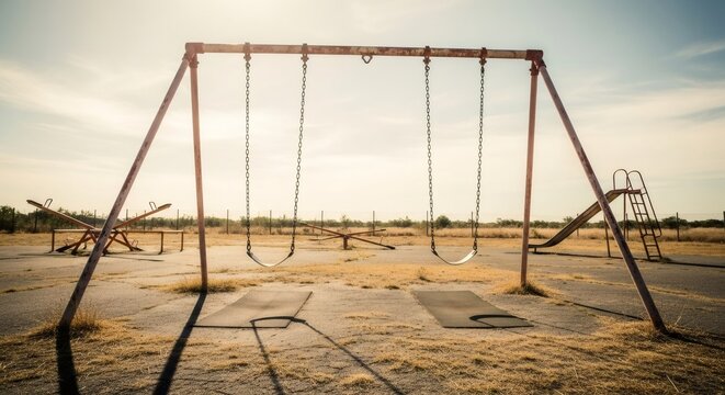 Abandoned playground swing set in desert landscape. Rusty metal structure on sandy ground. Nostalgic childhood memories concept. Desolate and lonely scene with copy space