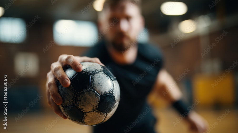 Poster Dynamic Indoor Soccer Player Preparing to Take a Shot During an Intense Training Session in a Gym Setting