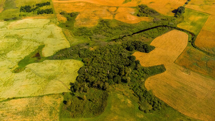 Aerial view of a rural landscape with green fields, meadows, farmlands, and patches of forest....