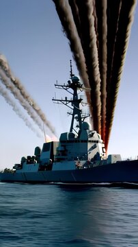 US Navy Arleigh Burke class destroyer launching salvos of missiles from vertical tube system during high intensity maritime military engagement