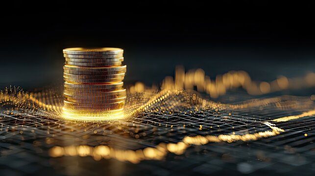 Golden Coins Stacked on a Data-Driven Background with Visualization of Currency Trends and Market Fluctuations