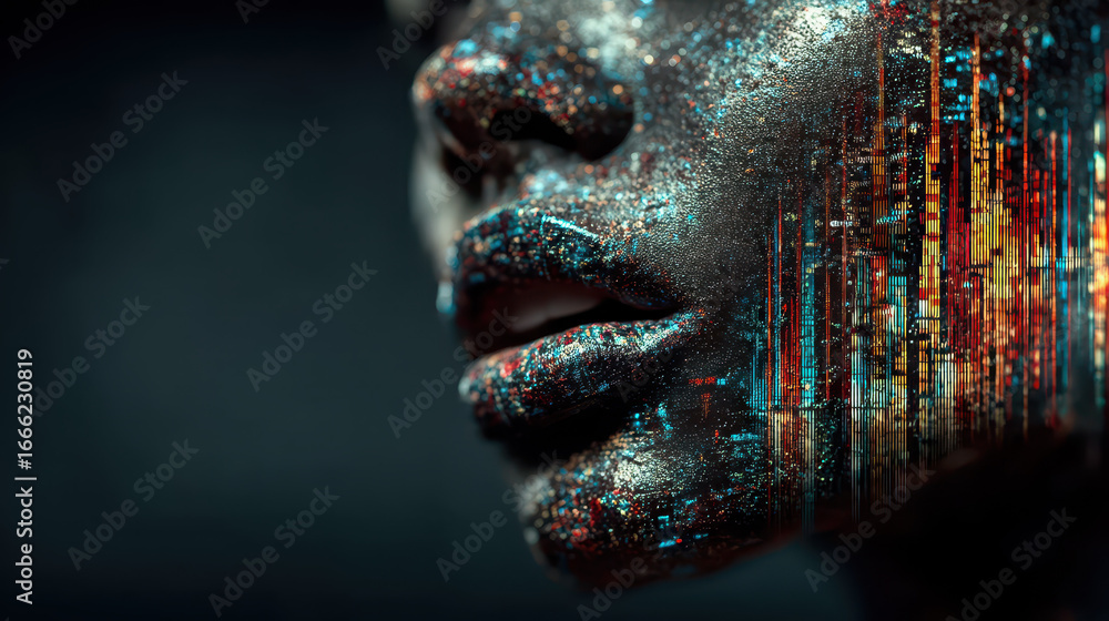 Aufkleber exploration of artificial intelligence voice cloning with a digital face and vibrant neural networks