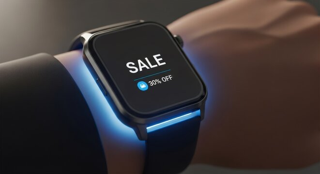 Smartwatch displaying sale notification with 70% discount on screen. Digital wearable technology for e-commerce and online shopping. Modern gadget for tracking deals.