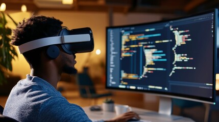 Virtual reality programming innovative tech engagement home office digital workspace indoor setting side angle immersive experience