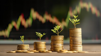 Growth of Investment Concept with Green Seedlings Emerging from Stacks of Coins Representing Financial Prosperity and Success