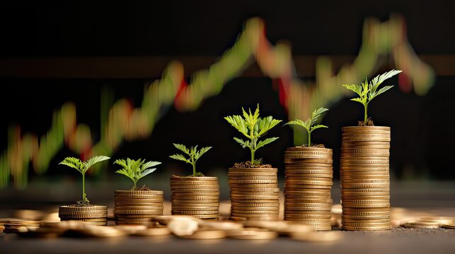 Growth of Investment Represented by Coin Stacks and Green Plants with Financial Graph Background