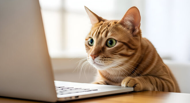 Adorable ginger cat intently stares at laptop screen, working from home, cute pet, feline friend, internet surfing, technology, domestic animal, curious kitty