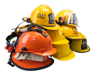 Stacked Safety Helmets in Orange and Yellow, Angled Perspective, Isolated PNG