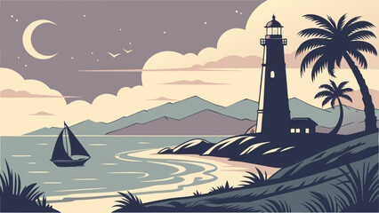 Lighthouse on a tropical beach at night with a sailboat and palm trees. Peaceful coastal landscape, crescent moon, vector illustration, travel, summer.