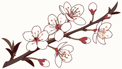 Beautiful white cherry blossom sakura branch with delicate spring flowers and blooming buds isolated.
