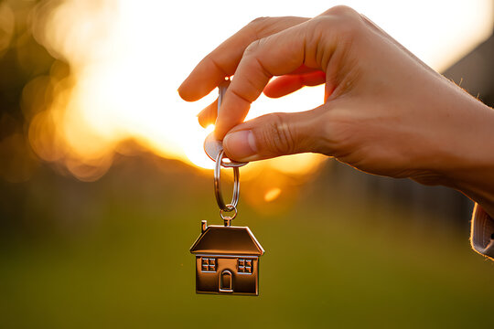 Hand holding a house shaped key fob with a beautiful sunset in the background symbolizing home ownership and the dream of a new beginning