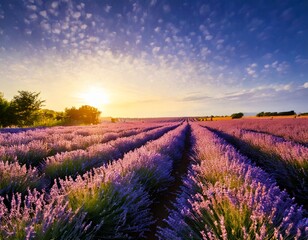 Fototapeta premium Wonderful nature landscape, amazing sunset scenery with blooming lavender flowers. Moody sky 