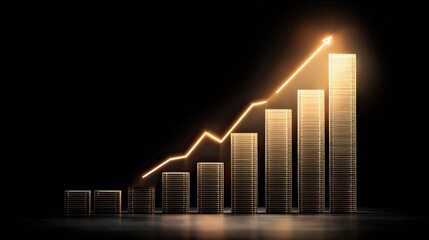 Golden Bar Graph Illustration with Rising Arrow on Black Background Representing Growth and Success in Business