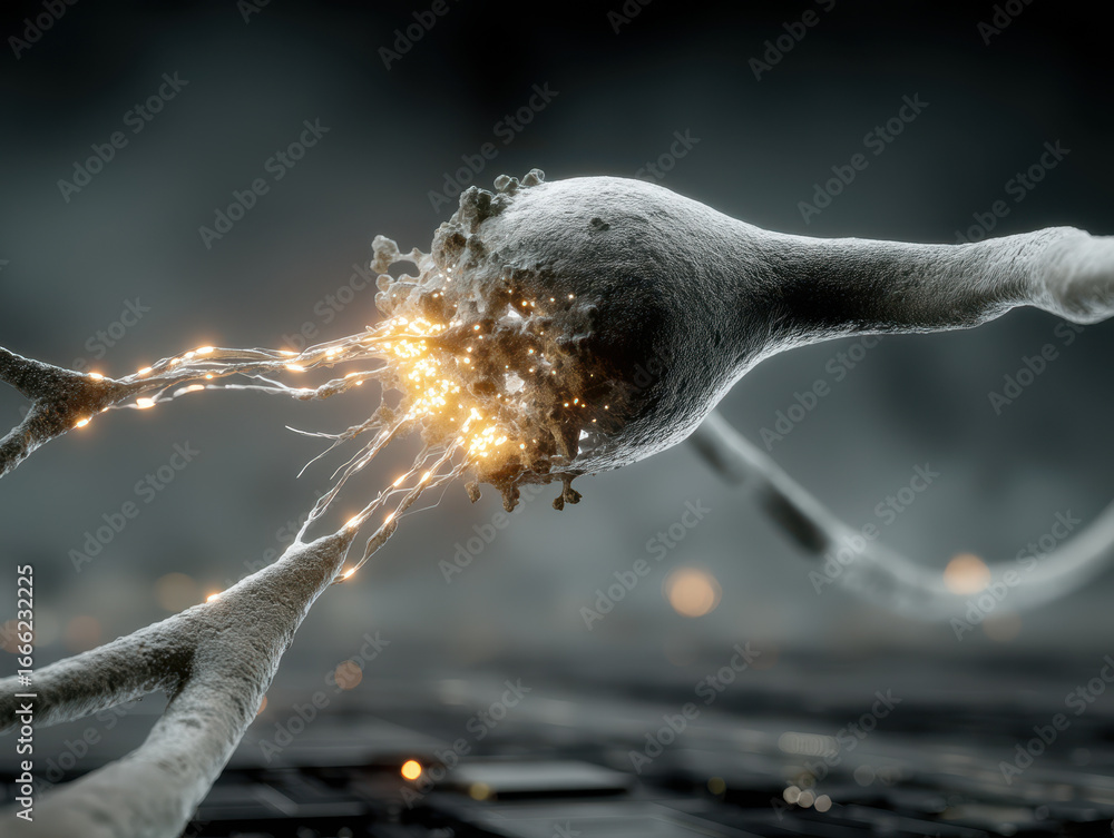 Aufkleber futuristic ai processor chip featuring artificial neurons firing signals with holographic data strea