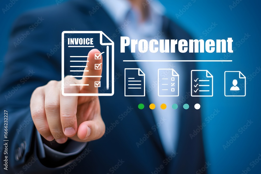 Aufkleber touchless digital procurement workflow concept showing a hand selecting invoice documents with verif