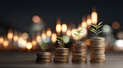 Growth of Investments with Coins and Plants Representing Financial Stability and Prosperity in a Modern Economy