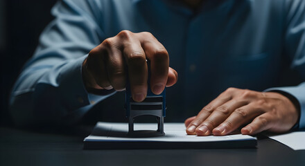 A businessman's hand stamps an important document, finalizing a critical business deal, signifying completion and approval.
