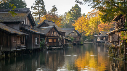 Fototapeta premium River village with traditional houses along water. Scenic riverside village with wooden houses reflecting on calm water; ideal for travel and tourism visuals.