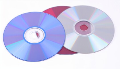 Three compact discs with reflective surfaces and colorful light patterns on a white background.