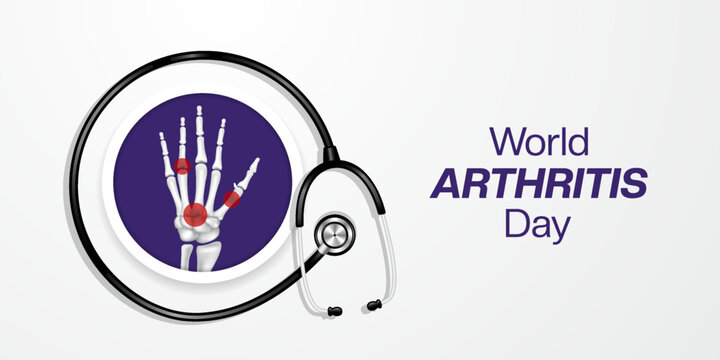 12 th October is World Arthritis Day. Hand bone and stethoscope. Great for posters, banners and social media. White background.