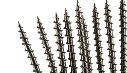 A close-up macro shot of a shiny metal screw and screwdriver isolated on a white background