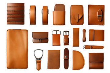 Leather accessory collection with belts, wallets, and pouches isolated on transparent background