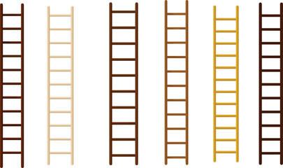 Colorful wooden ladders isolated on white background, various wood tones, minimalist vertical design, construction tools, interior decor concept image