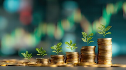 Growth of Investment: Coins Stacked with Green Sprouts Indicating Prosperity and Financial Success