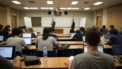 Classroom with students using laptops for education and collaborative learning - Powered by Adobe