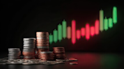 Stacked Coins in Front of Stock Market Graph Signifying Financial Growth and Economic Trends