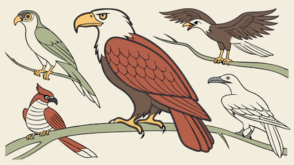 Naklejka premium Set of diverse birds illustration. Bald eagle, hawk, falcon, and cardinal wildlife animals perching on branches.