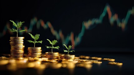 Growth and Prosperity in Finance with Stacked Coins and Sprouting Green Plants on a Dark Background