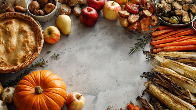 thanksgiving food flat lay with pumpkin pie, apples, roasted vegetables